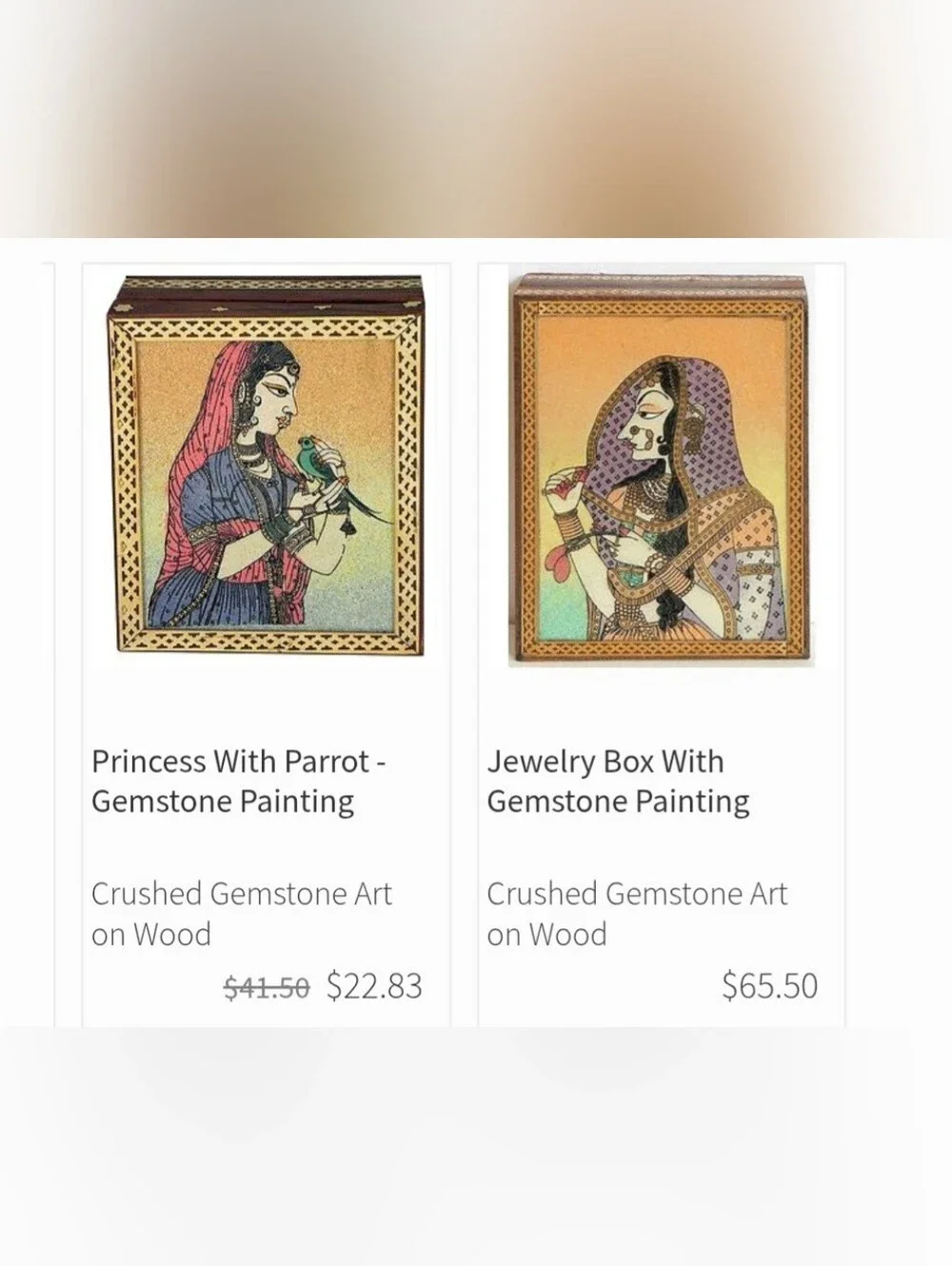 Trinket Jewelry Box w/ Gemstone Dust Painting Carved Wood 7½